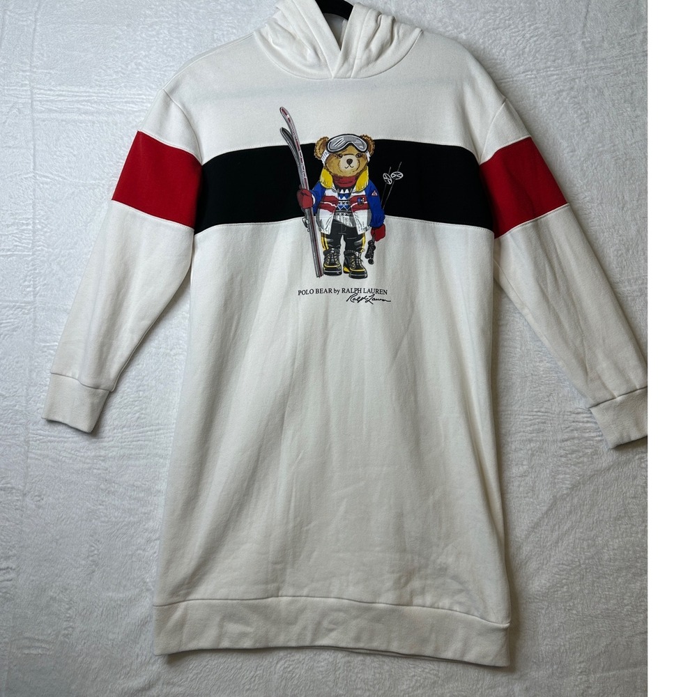 Polo Ralph Lauren Girls XL 16 Polo Bear Skiing Hoodie Sweatshirt Dress White